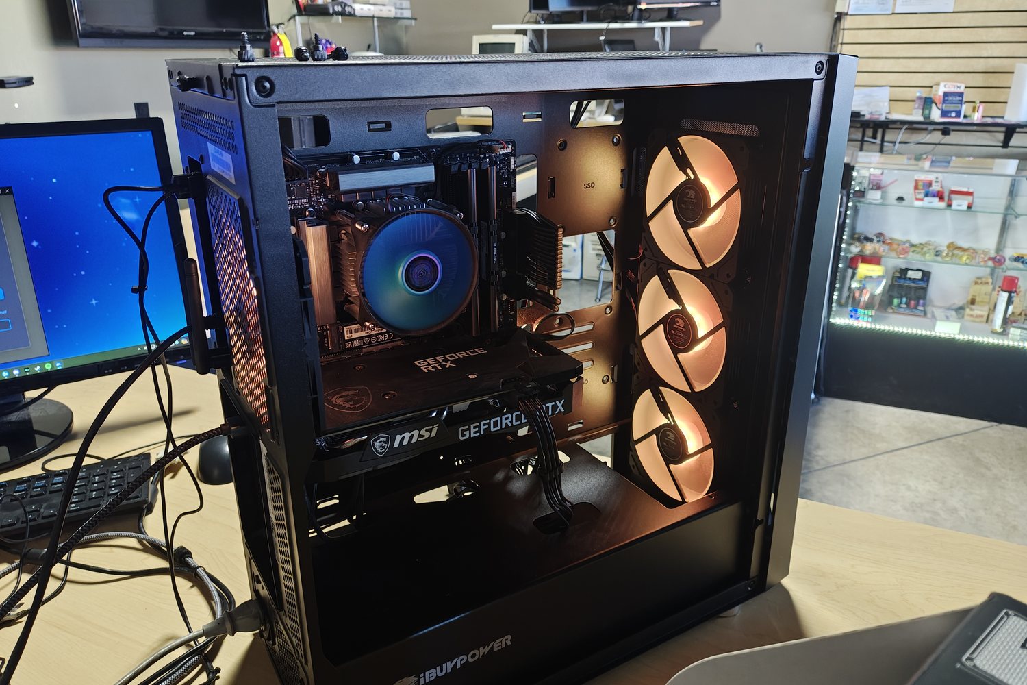 A desktop PC opened up on the counter at Advanced Computers